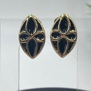 Authenticated Givenchy NY Vintage Black Enamel signed Gold Tone Clip Earrings